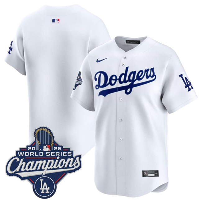 Men's White Los Angeles Dodgers Blank 2025 World Series Champions Patch Home Limited Stitched Baseball Jersey